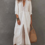 Vintage Lace-trimmed Cotton Linen Shirt Midi Dress