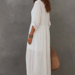 Vintage Lace-trimmed Cotton Linen Shirt Midi Dress