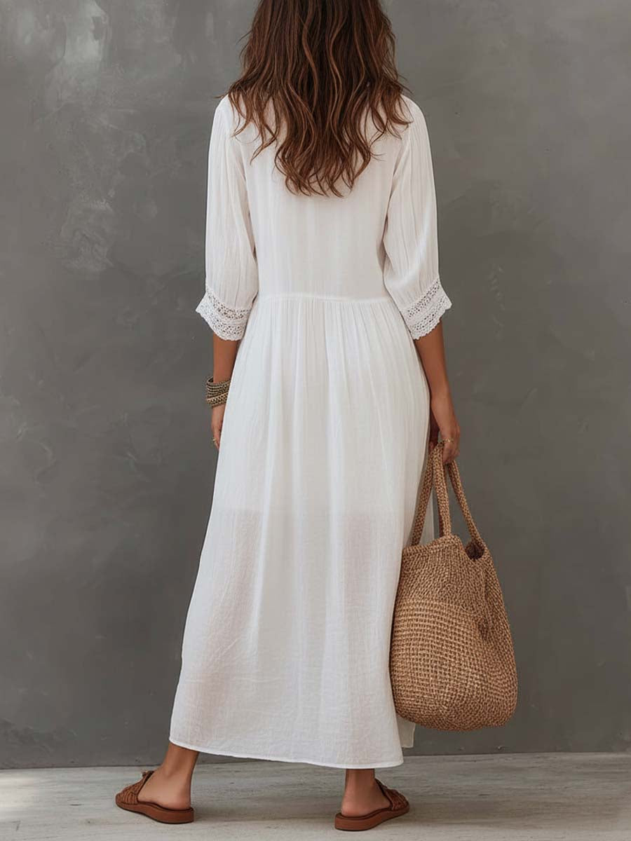 Vintage Lace-trimmed Cotton Linen Shirt Midi Dress