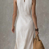 Stand-collar Split-hem Cotton And Linen Midi Dress