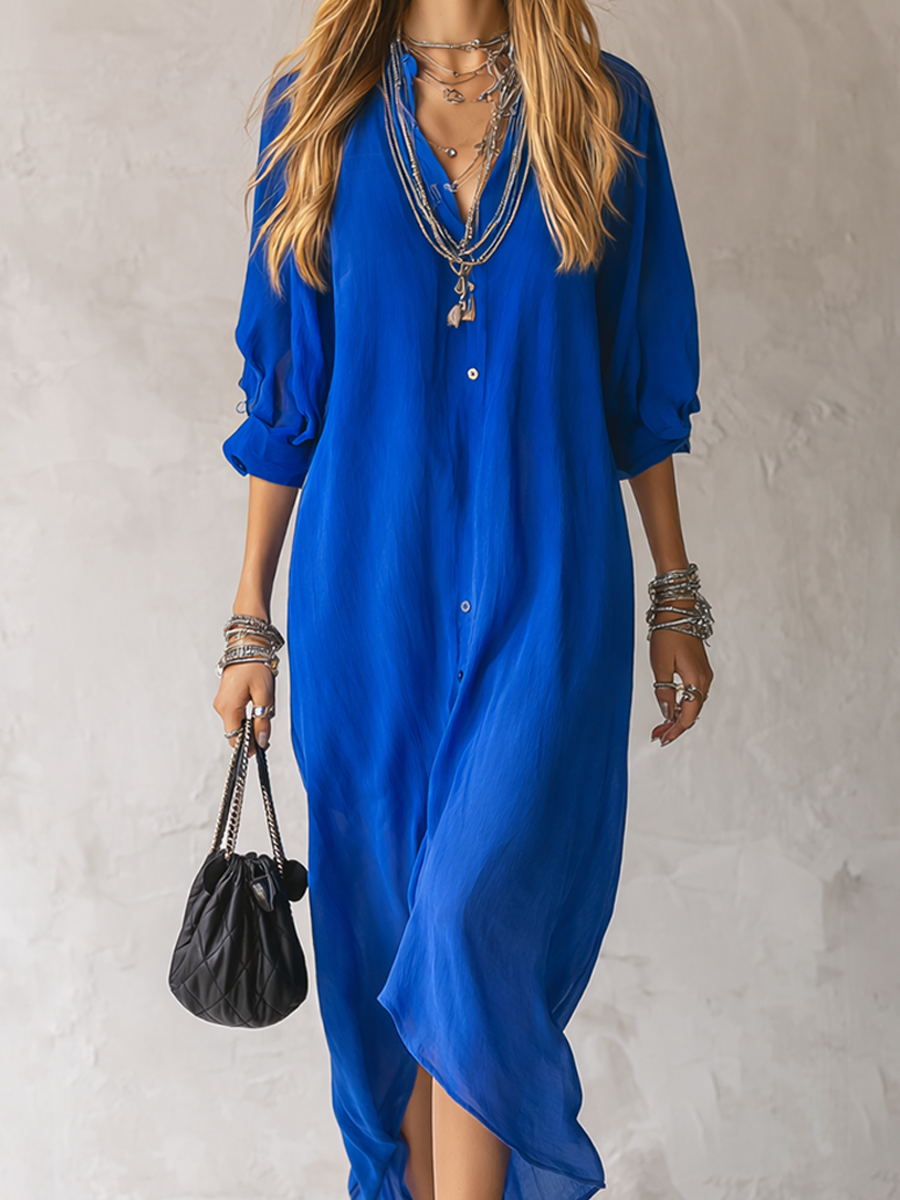 Midnight Blue French-style Relaxed Fit Shirt Dress