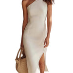 Off-the-shoulder Split-hem Cotton Linen Midi Dress