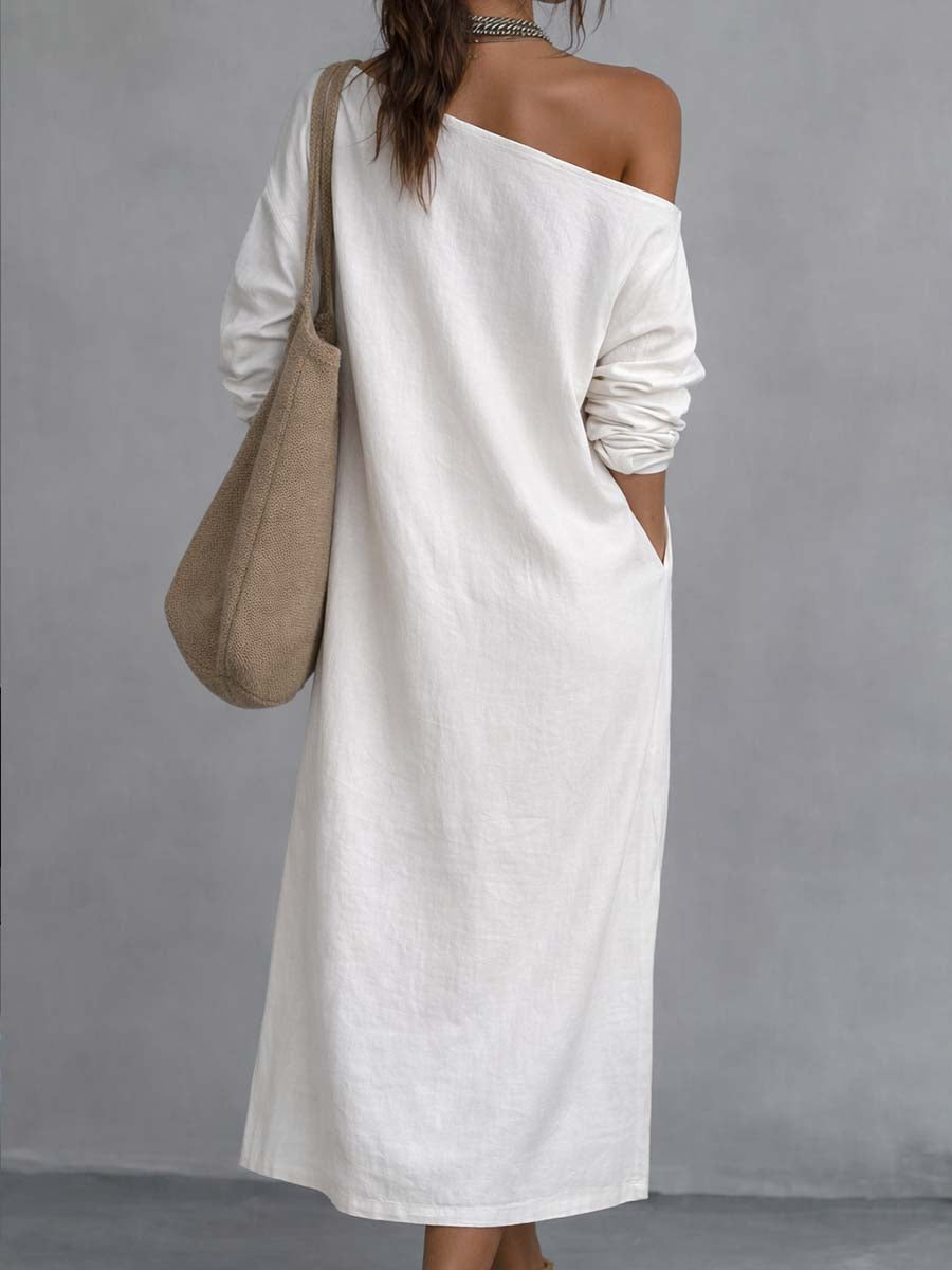 Loose-fitting One Shoulder Split Hem Cotton Linen Midi Dress