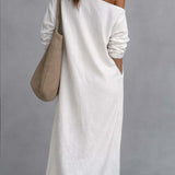 Loose-fitting One Shoulder Split Hem Cotton Linen Midi Dress