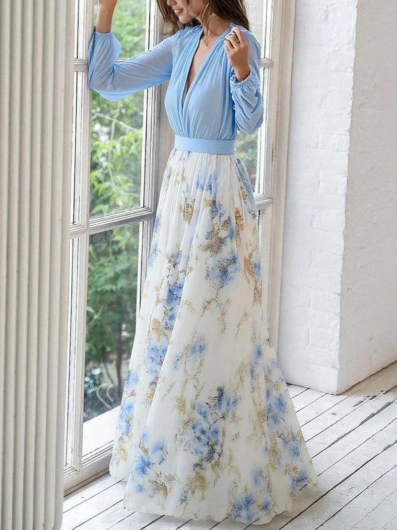 Vestido longo deslumbrante com estampa floral e decote em V