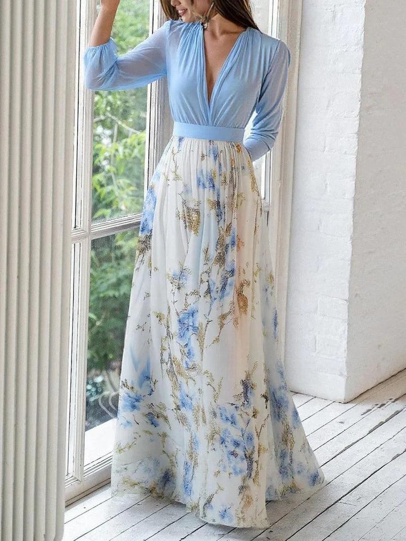 Vestido longo deslumbrante com estampa floral e decote em V