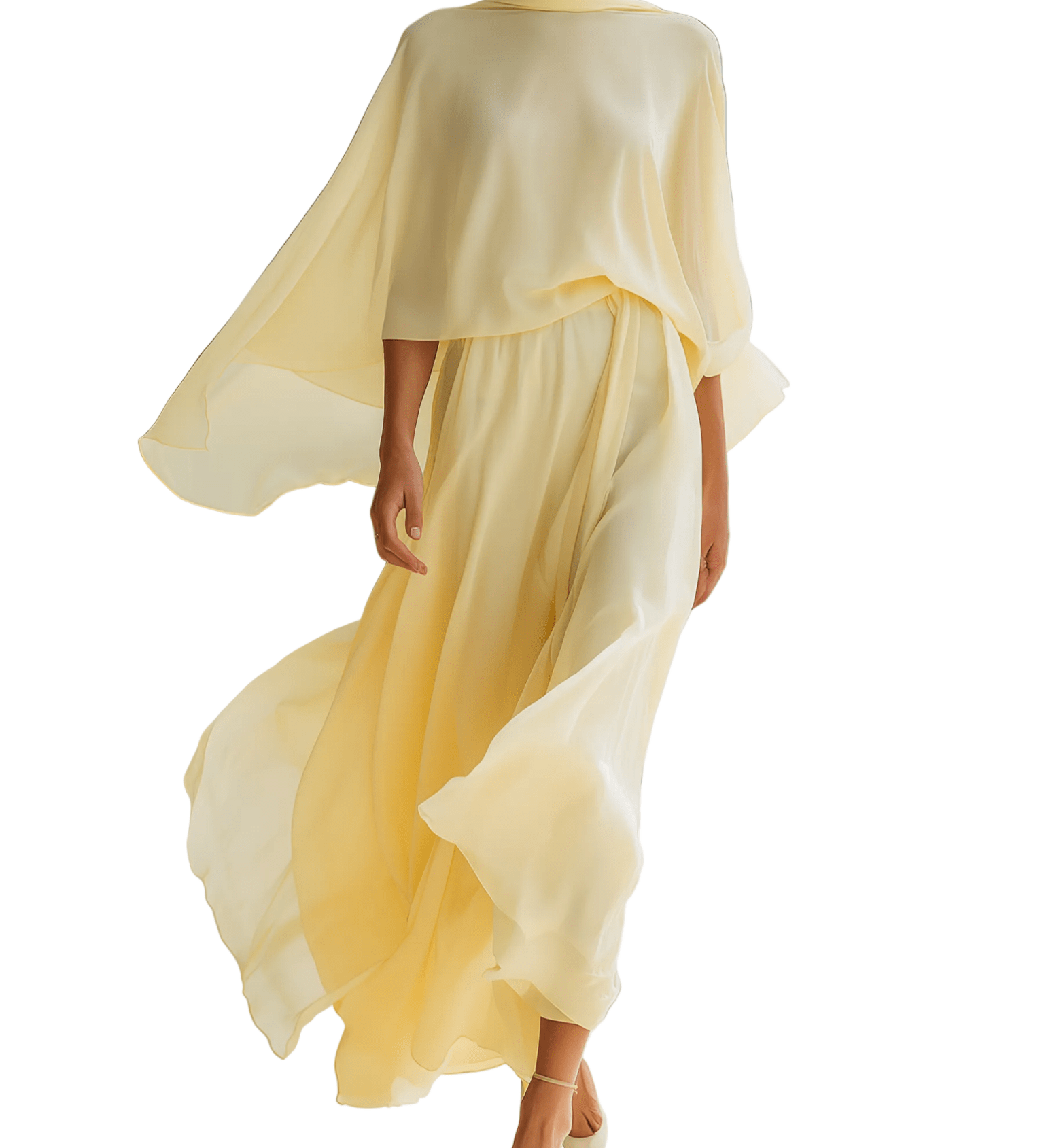 VESTIDO MAXI DE GASA AMARILLO CREMA CON MANGAS CAPA - VALERINA MARBELLA