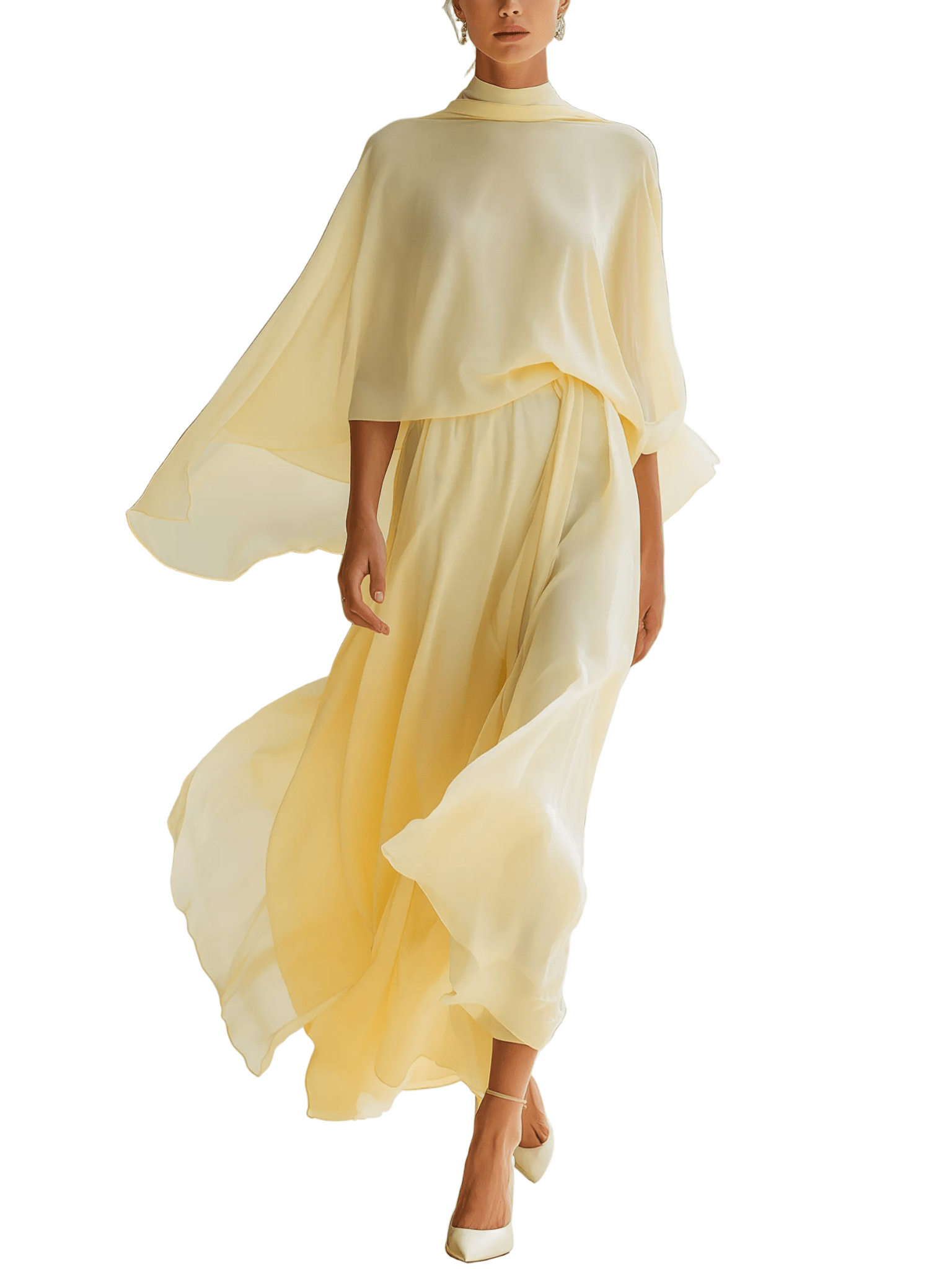 VESTIDO MAXI DE GASA AMARILLO CREMA CON MANGAS CAPA - VALERINA MARBELLA