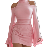 VESTIDO MINI ROSA BLUSH CON HOMBROS DESCUBIERTOS - VALERINA MARBELLA