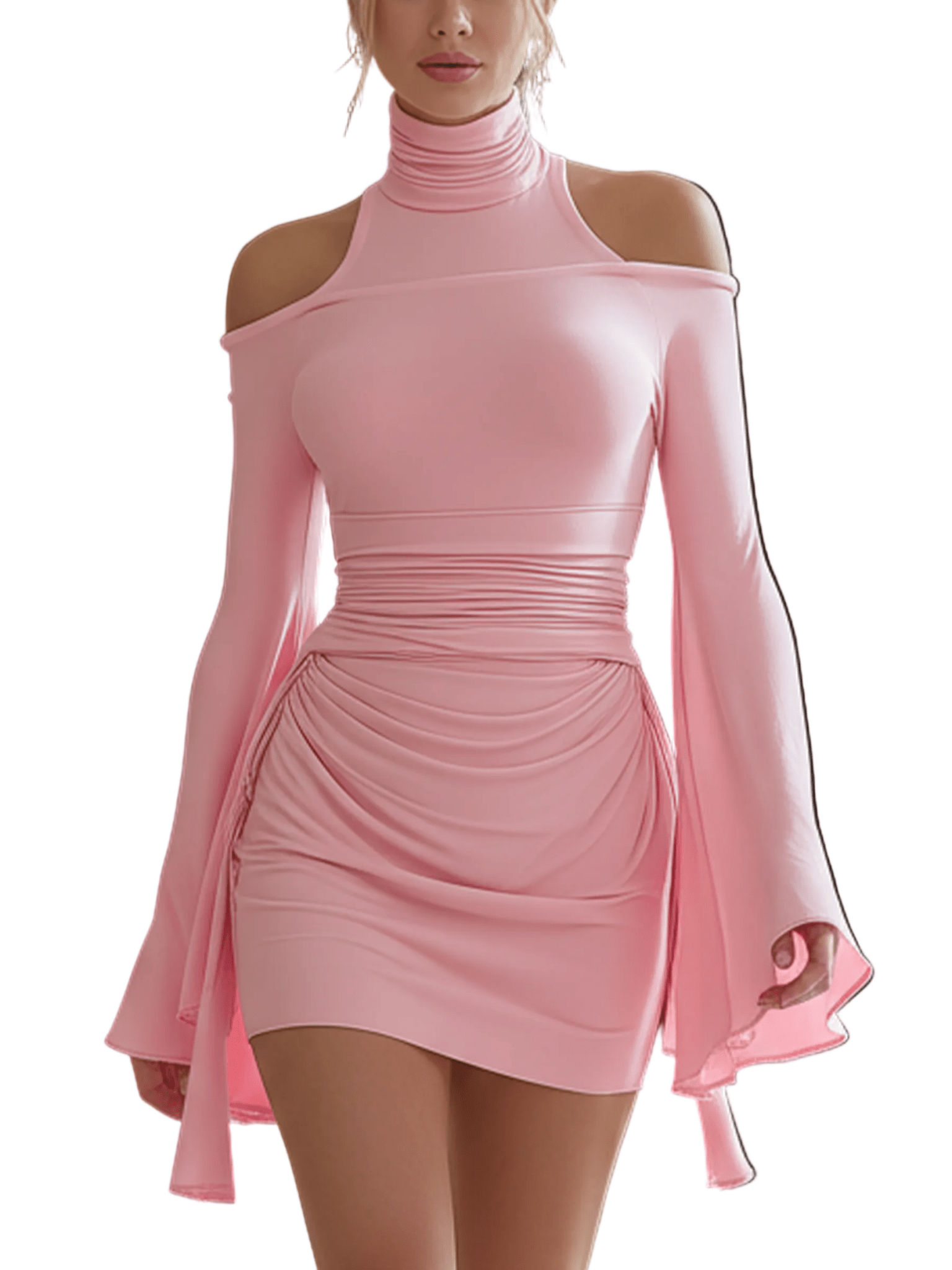 VESTIDO MINI ROSA BLUSH CON HOMBROS DESCUBIERTOS - VALERINA MARBELLA