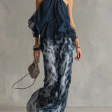 Navy Halter Neck Top And Printed Wide-leg Pants Chiffon Set
