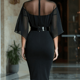 VESTIDO MIDI NEGRO CON CANESÚ TRANSPARENTE, MANGA CAPA Y CINTURÓN - VALERINA MARBELLA