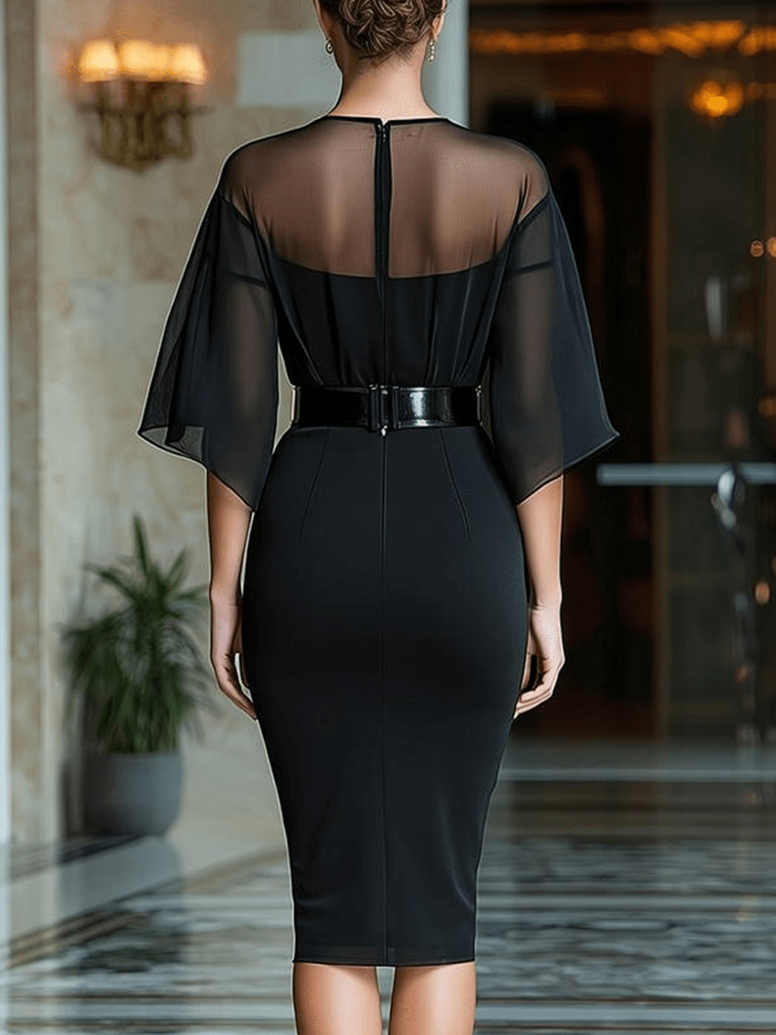 VESTIDO MIDI NEGRO CON CANESÚ TRANSPARENTE, MANGA CAPA Y CINTURÓN - VALERINA MARBELLA