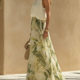 Vacation Chiffon Ruffled Sleeveless Top And Lily Print Pants Set