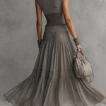 Grey Lace-Paneled Top and Pleated Maxi Skirt Set