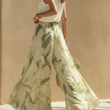 Vacation Chiffon Ruffled Sleeveless Top And Lily Print Pants Set