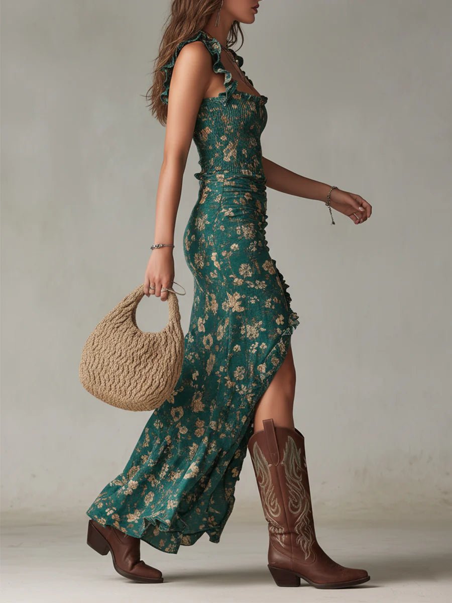 VESTIDO MAXI VERDE BOHO CON MANGAS DE VOLANTES - VALERINA MARBELLA