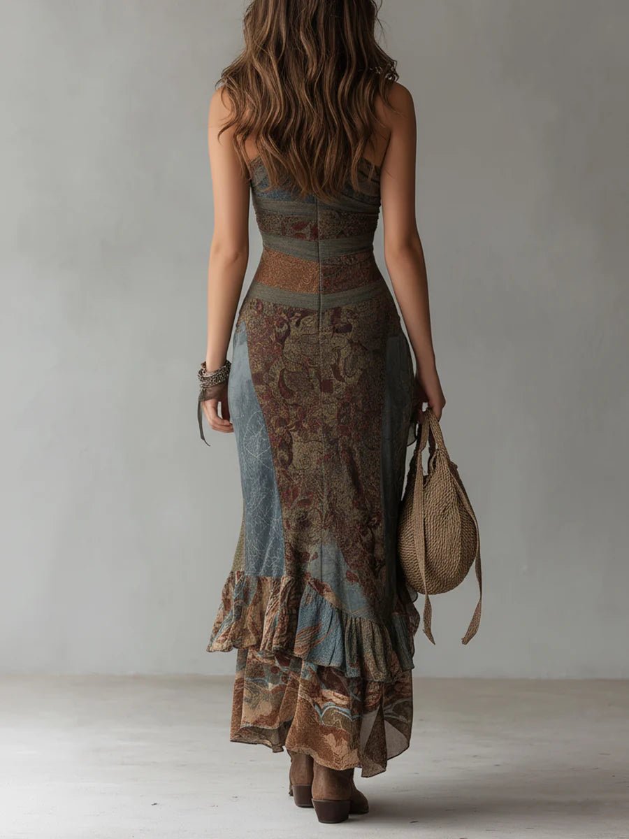 VESTIDO MAXI DE UN HOMBRO CON ESTAMPADO ÉTNICO - VALERINA MARBELLA