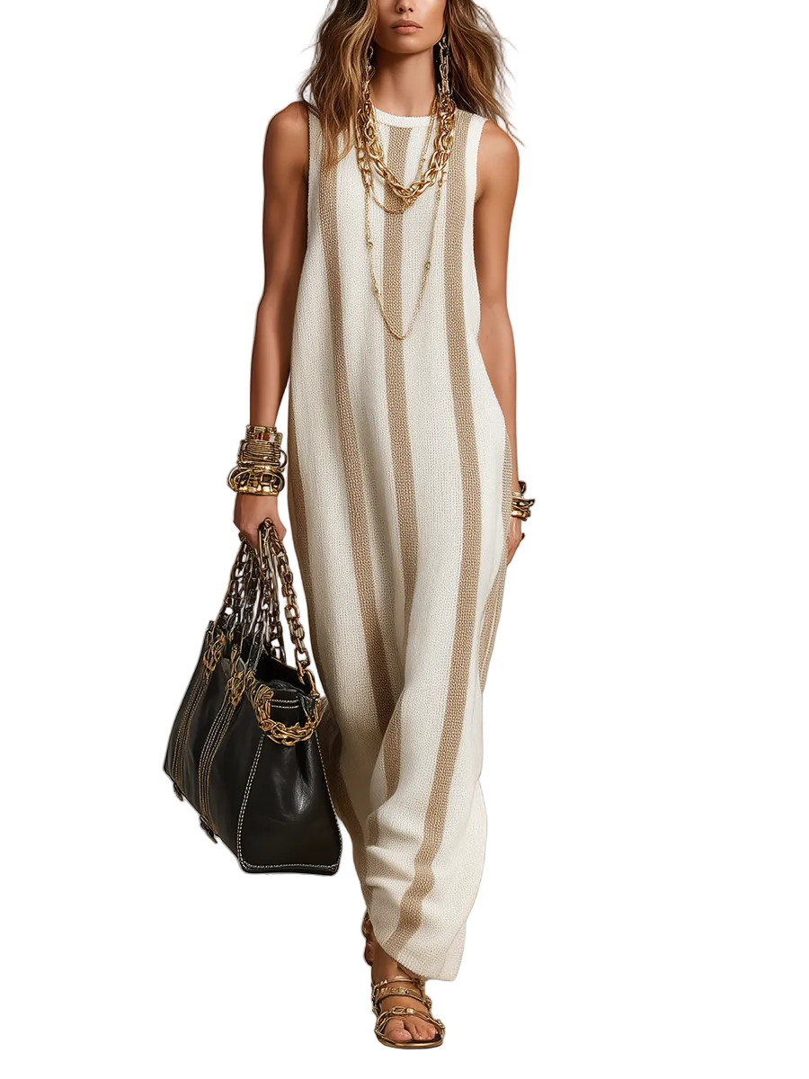 Refined Neutral Striped Knit Maxi Dress