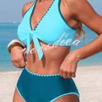 Stylish Color-blocked Trim High-waisted Two-piece Stretch Bikini Swimsuit