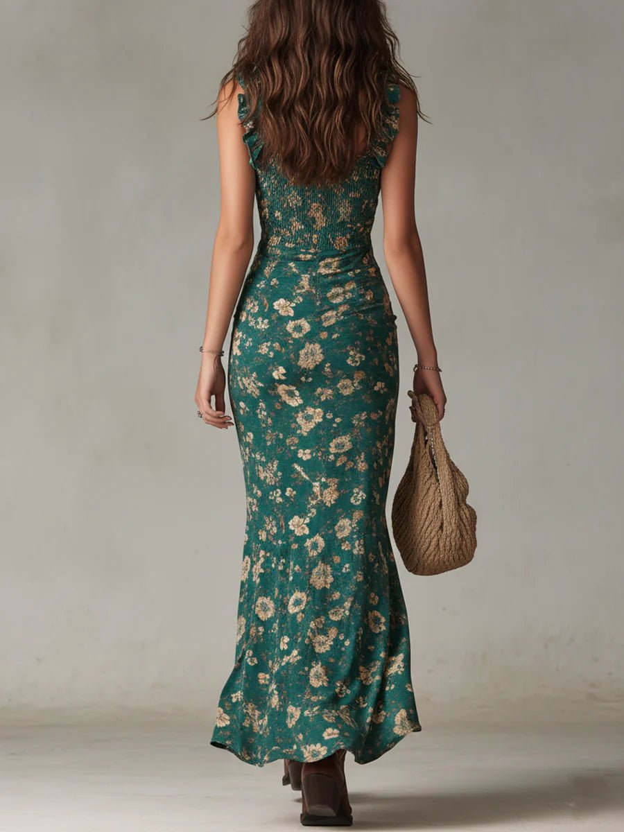 VESTIDO MAXI VERDE BOHO CON MANGAS DE VOLANTES - VALERINA MARBELLA