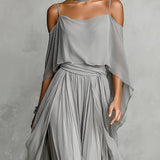 Grey off-shoulder flowy camisole and trousers chiffon set