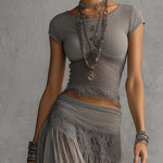 Grey Lace-Paneled Top and Pleated Maxi Skirt Set