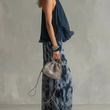 Navy Halter Neck Top And Printed Wide-leg Pants Chiffon Set