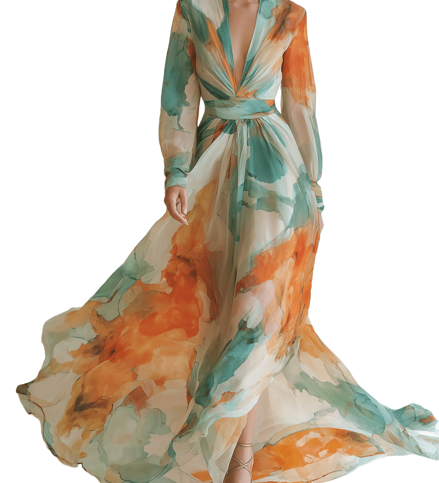 VESTIDO MAXI DE GASA CON ESTAMPADO ACUARELA ATARDECER - VALERINA MARBELLA