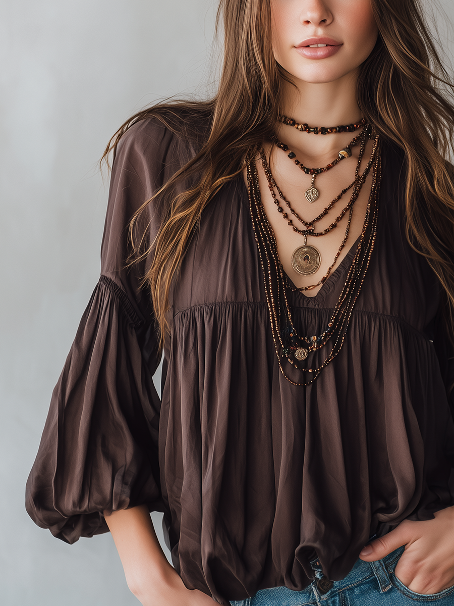 Retro Coffee Tone · Bohemian Pleated Chiffon Top