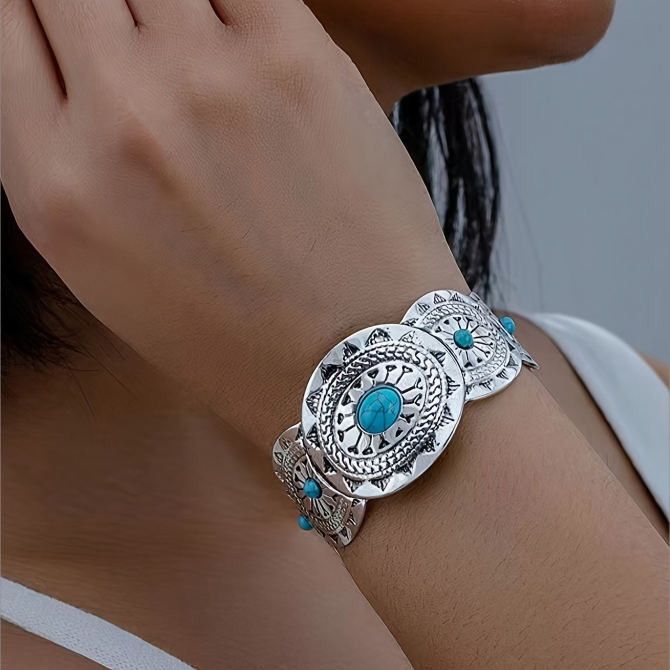 PULSERA VINTAGE ESTAMPILLÉ TURQUESA PLATA PLAQUÉ MANCHETTE