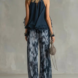 Navy Halter Neck Top And Printed Wide-leg Pants Chiffon Set