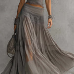 Grey Lace-Paneled Top and Pleated Maxi Skirt Set