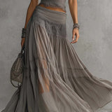 Grey Lace-Paneled Top and Pleated Maxi Skirt Set