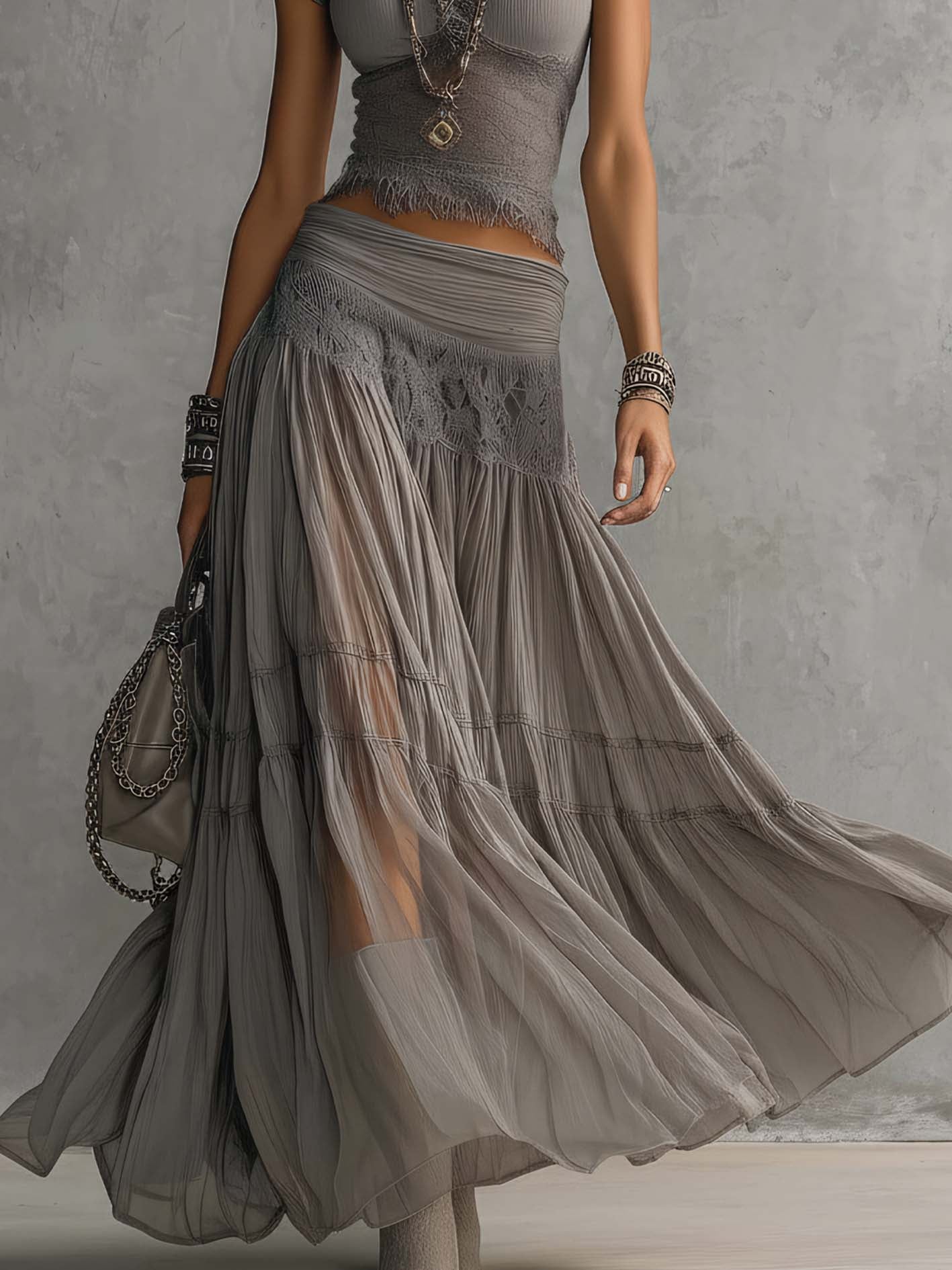 Grey Lace-Paneled Top and Pleated Maxi Skirt Set