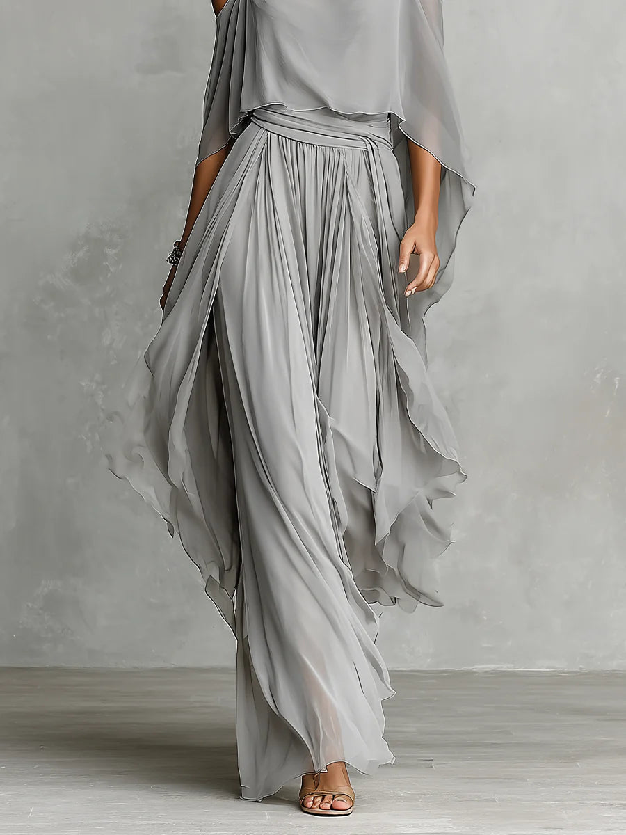 Grey off-shoulder flowy camisole and trousers chiffon set