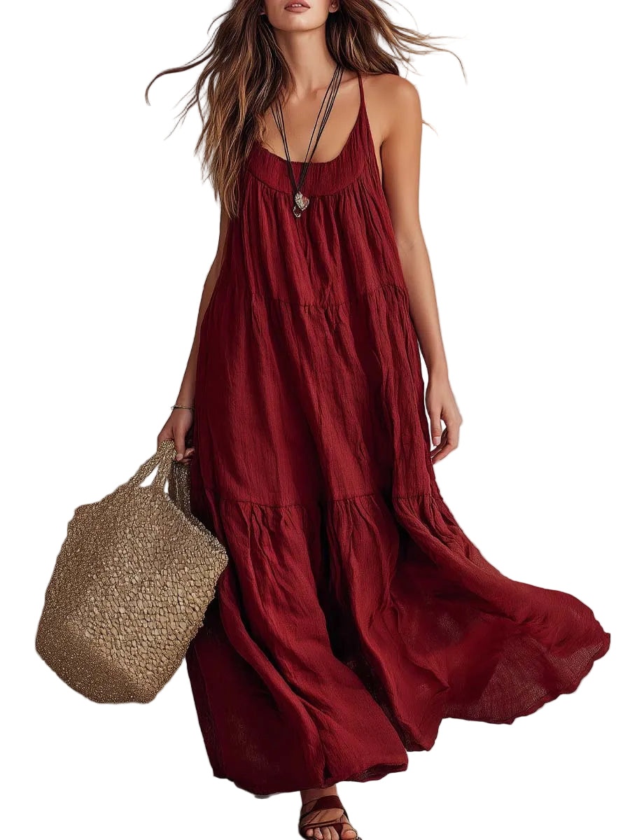 Relaxed Spaghetti Straps Cotton Linen Maxi Dress