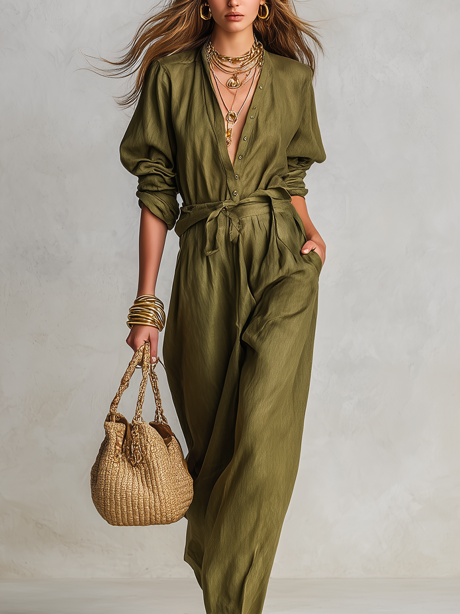 Sophisticated Olive Green Linen Jumpsuit