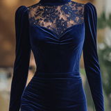 VESTIDO LARGO DE TERCIOPELO AZUL MARINO CON CUELLO ALTO Y ENCAJE - VALERINA MARBELLA