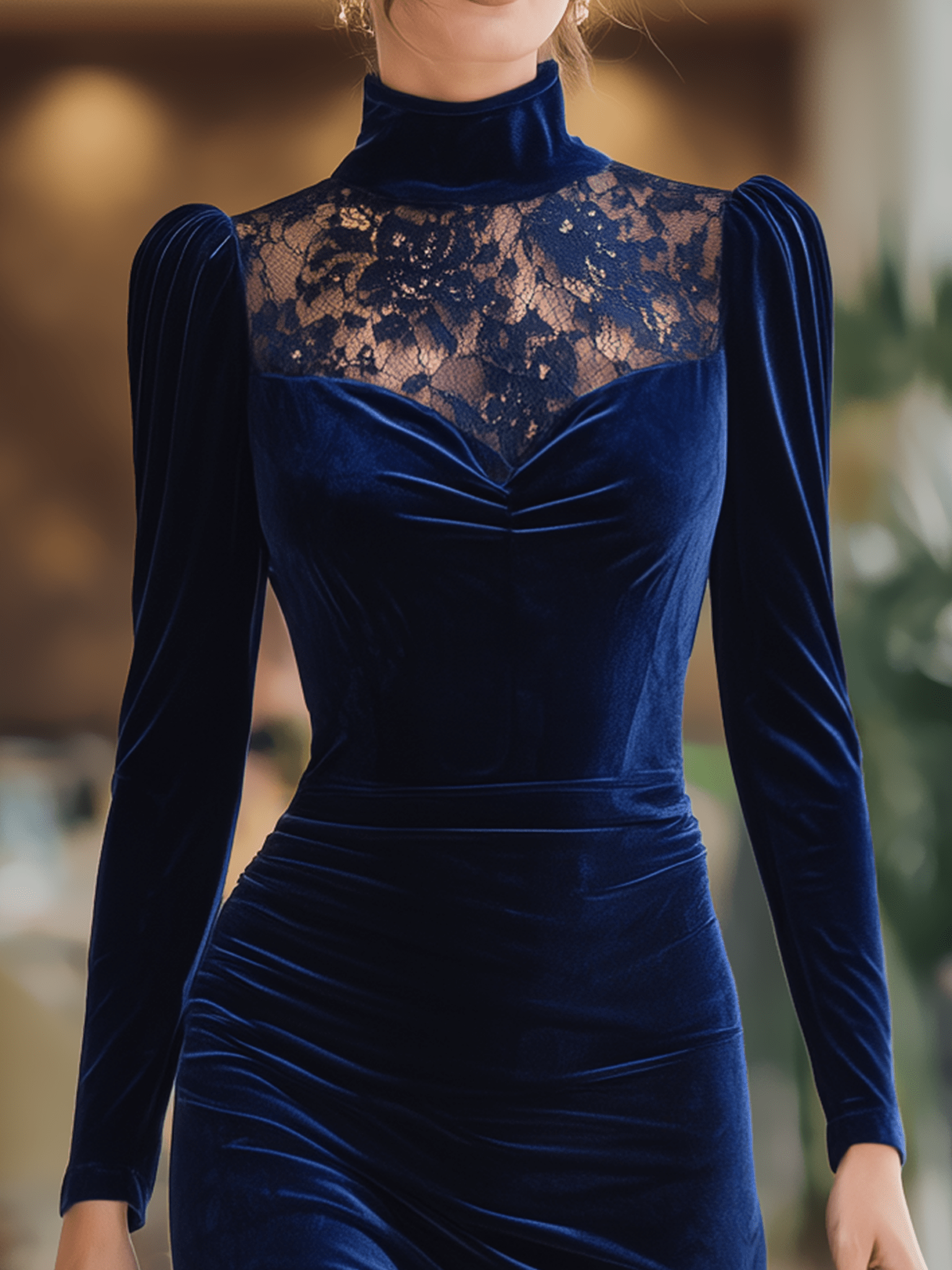 VESTIDO LARGO DE TERCIOPELO AZUL MARINO CON CUELLO ALTO Y ENCAJE - VALERINA MARBELLA