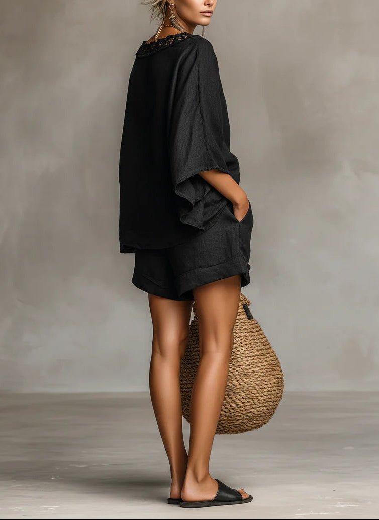 Minimalist Lace Boat Neck Blouse And Shorts Set