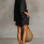 Minimalist Lace Boat Neck Blouse And Shorts Set