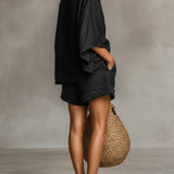 Minimalist Lace Boat Neck Blouse And Shorts Set