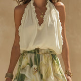 Vacation Chiffon Ruffled Sleeveless Top And Lily Print Pants Set