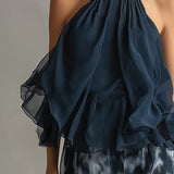 Navy Halter Neck Top And Printed Wide-leg Pants Chiffon Set