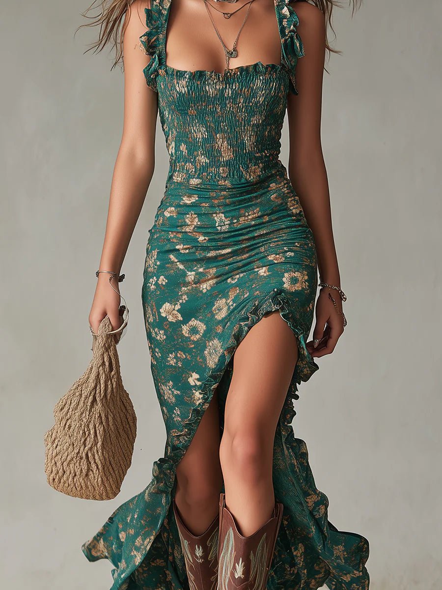 VESTIDO MAXI VERDE BOHO CON MANGAS DE VOLANTES - VALERINA MARBELLA