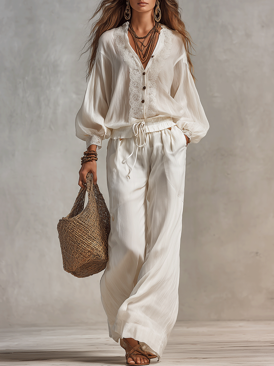 Bohemian Relaxed Ivory Embroidered Blouse