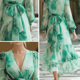 VESTIDO MIDI DE GASA VERDE MENTA FLORAL ACUARELA - VALERINA MARBELLA