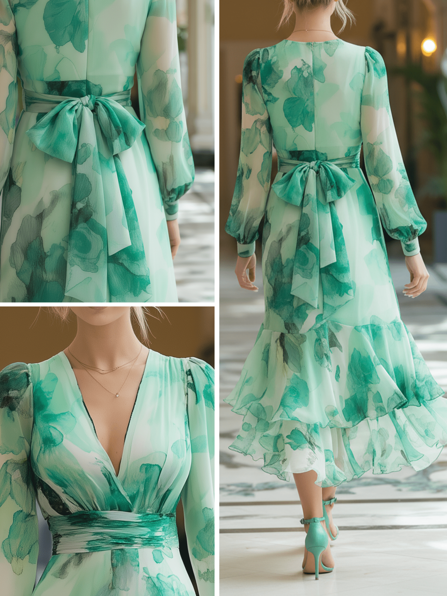 VESTIDO MIDI DE GASA VERDE MENTA FLORAL ACUARELA - VALERINA MARBELLA