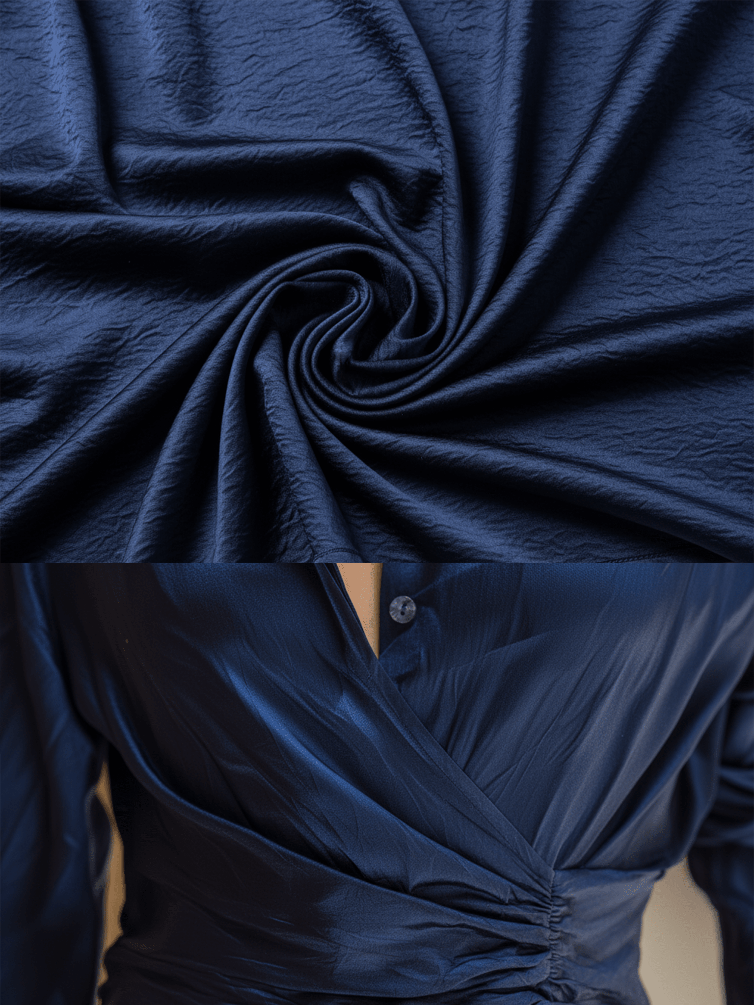 VESTIDO MINI CAMISERO DE SATÉN AZUL MARINO CON PLISADO ASIMÉTRICO - VALERINA MARBELLA